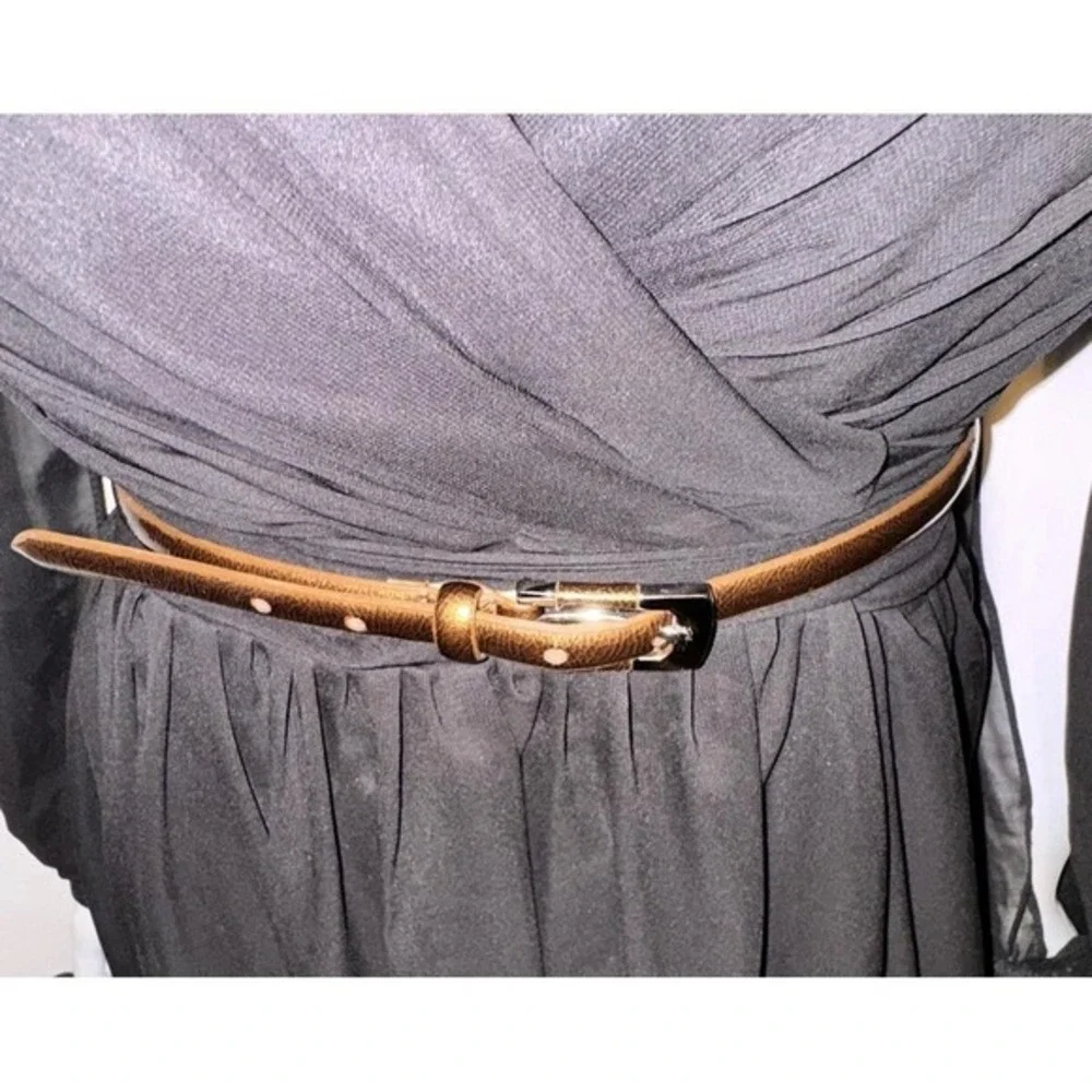 New York & Co Skinny Belt Metallic Bronze Faux Leather Silver‎ Buckle Chic 47-72